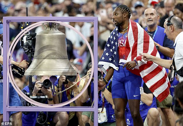 Noah Lyles of the United States rings the bell after winning the men's 100m final in Paris