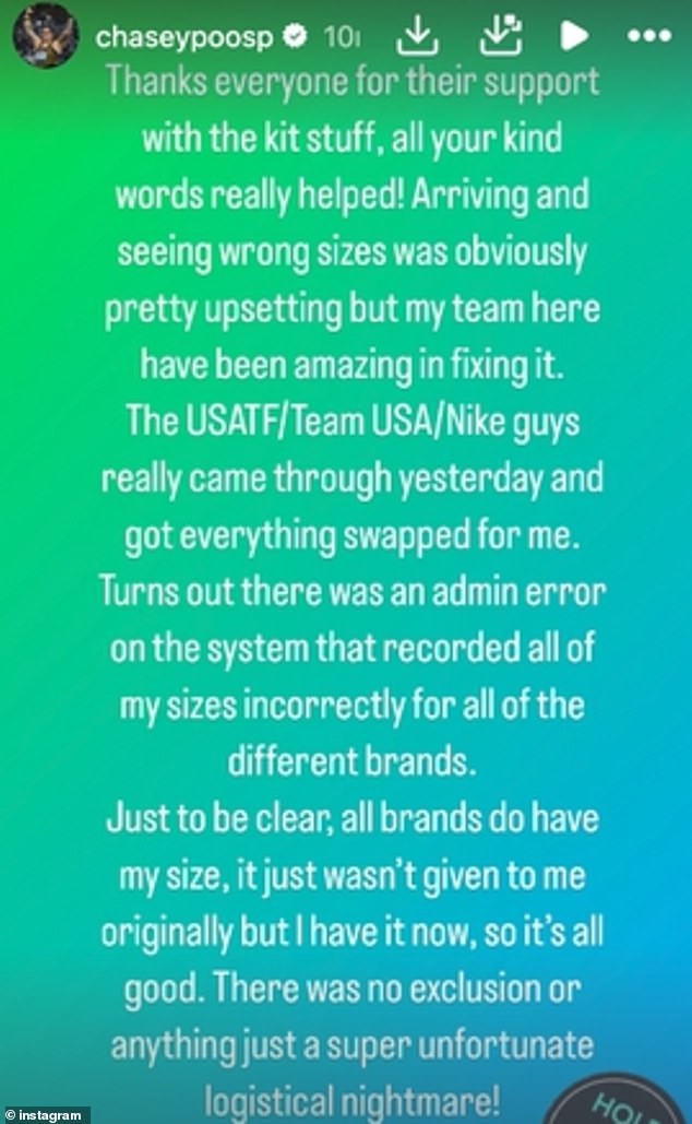Chase expressed her emotional response to being handed the incorrect size uniform