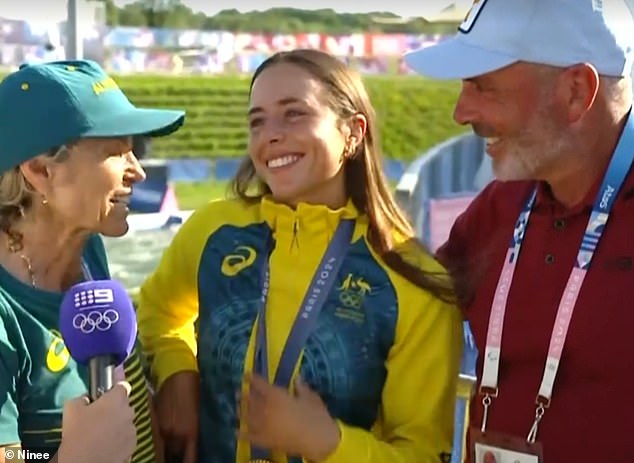 A beaming Noemie finally gets to celebrate her achievement with her parents Myriam and Richard after her father experienced a blunt refusal from his Channel Nine colleague