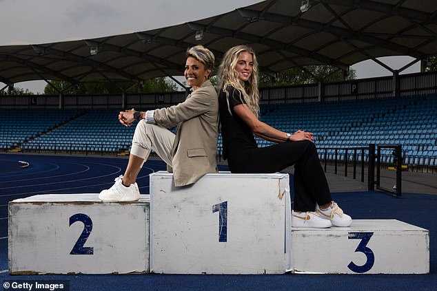 Keely Hodgkinson (r) poses with Dame Kelly Holmes at Sport City Stadium on May 10, 2024 in Manchester, England. At the age of 19, Hodgkinson won silver at the 2020 Tokyo Olympics, breaking the British record set by Kelly Holmes