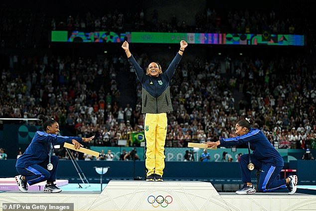 Simone Biles (L) & Jordan Chiles (R) honored Rebeca Andrade after her victory in floor final