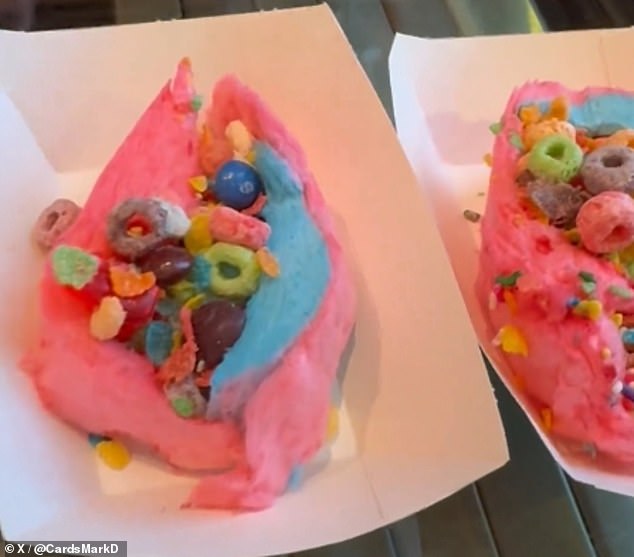 The burrito consists of loading candy like M&Ms and skittle with pebble cereal in cotton candy