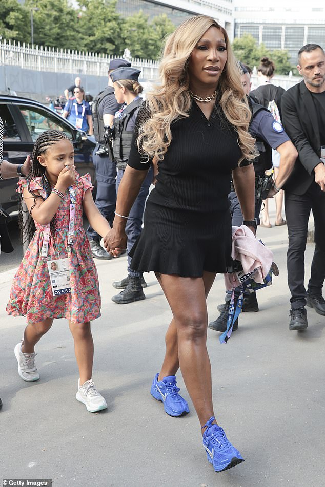 Williams has attended several sports at the Paris Olympics, and is pictured with her daughter Olympia as they arrived for the artistic gymnastic women's team final last week