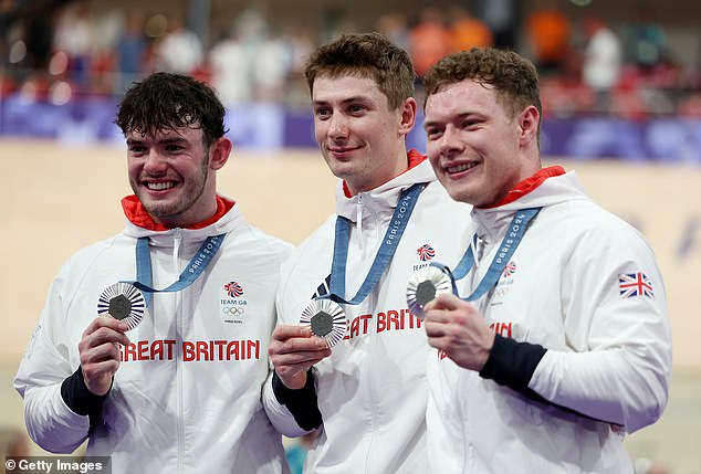 Team GB's cyclists, Ed Lowe, Hamish Turnbull, and Jack Carlin (L-R) achieved second place in the men's team sprint