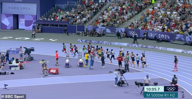 Norway's Jakob Ingebrigtsen (sixth runner from back in the blue shorts and white top) was left furious by the bizarre incident and angrily gestured towards the cameraman as he ran past