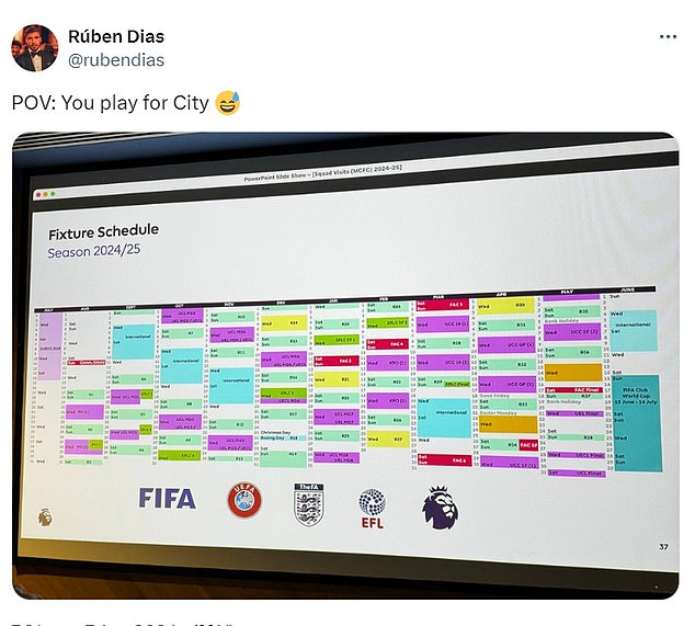 Dias shared a screenshot of City's diary with matches in various competitions colour coded