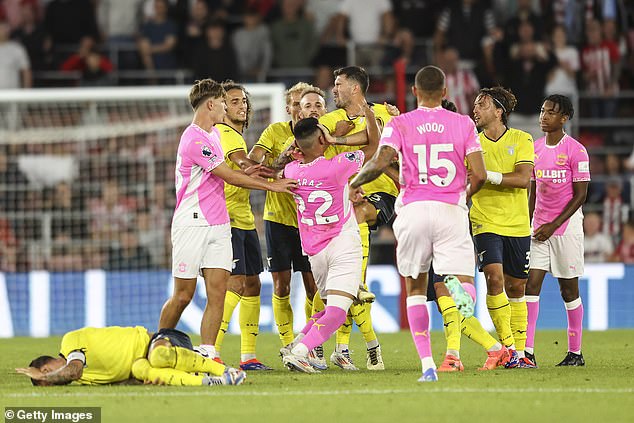 Southampton striker Carlos Alcaraz (middle) appeared to punch an opposition player in the face