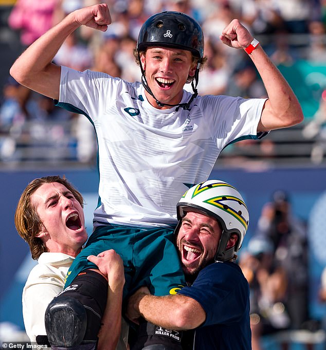 Aussie skater Keegan Palmer (pictured, after winning Olympic gold) has revealed his epic Games moment with Snoop Dogg in Paris