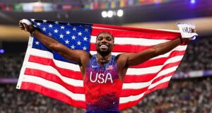 At 30m Noah Lyles was dead last but Team USA’s track star rose like a gladiator to win gold in the greatest men’s Olympic 100m final ever, writes IAN HERBERT