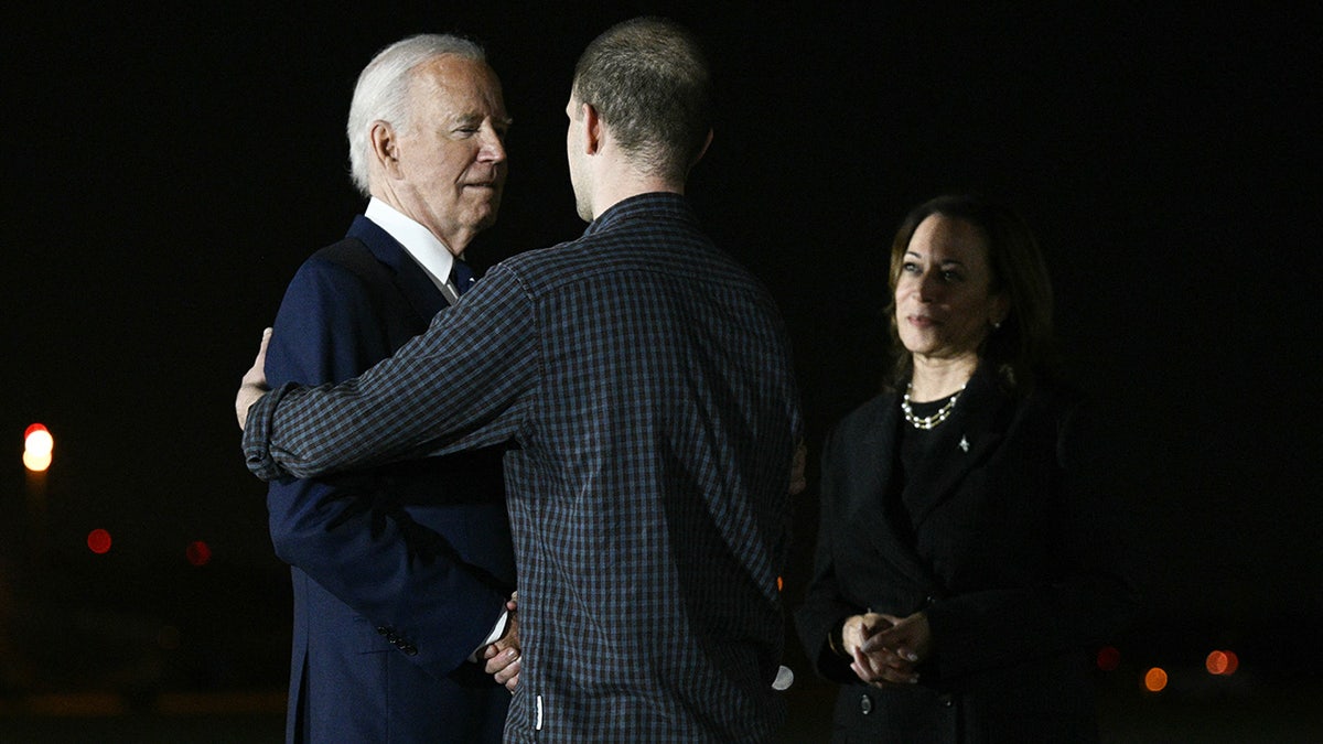Former prisoner held by Russia, US journalist Evan Gershkovich, is welcomed by President Joe Biden and Vice President Kamala Harris