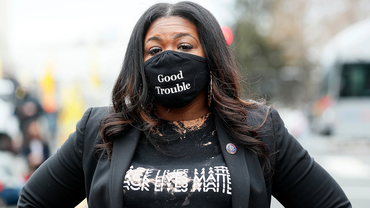 Rep. Cori Bush attends a rally in Washington, DC.