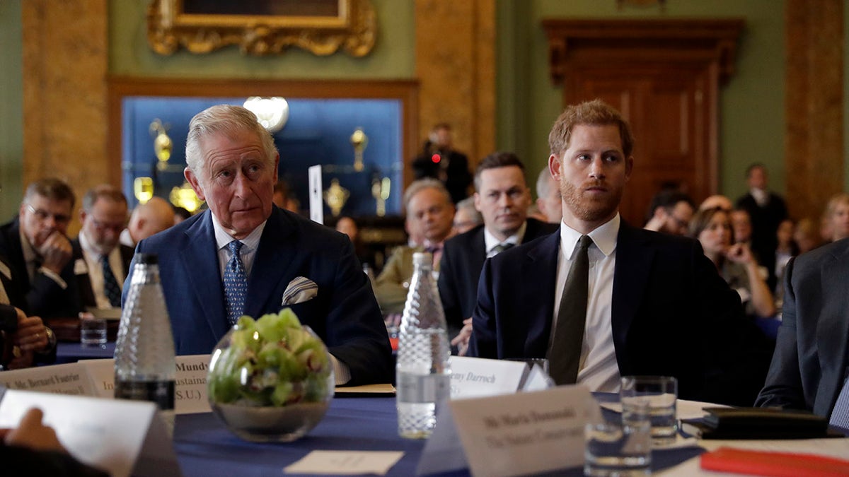 King Charles and Prince Harry looking serious in dark blue suits and ties at a conference table.