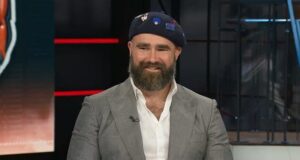 Jason Kelce wears a beret for ESPN debut after Paris Olympics trips – and insists he IS wearing underwear after saying he NEVER normally chooses to!