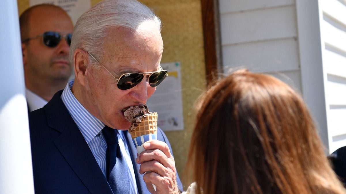 President Joe Biden enjoying a chocolate chip ice cream at Honey Hut Ice Cream in Cleveland, Ohio, on May 27, 2021.