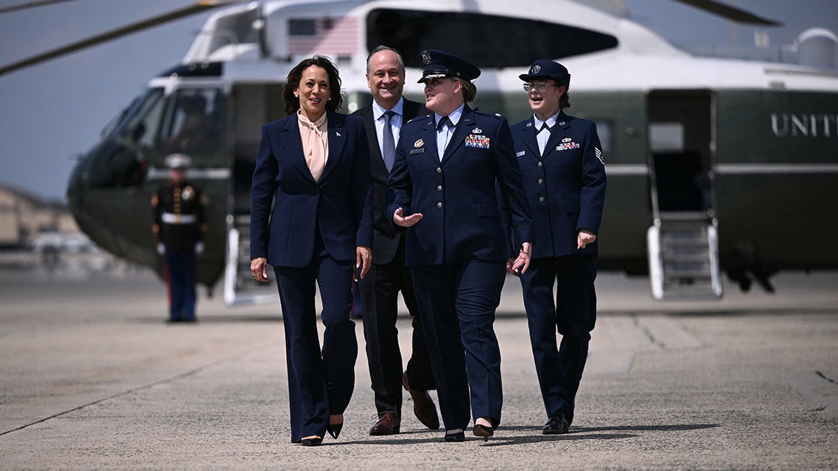 U.S. Vice President Kamala Harris and Second Gentleman Doug Emhoff board Air Force Two