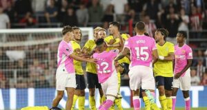 Lazio defender Alessio Romagnoli grabs Southampton’s Carlos Alcaraz by the throat as HUGE brawl erupts in pre-season ‘friendly’… with Saints boss Russell Martin forced to intervene before both stars are sent off