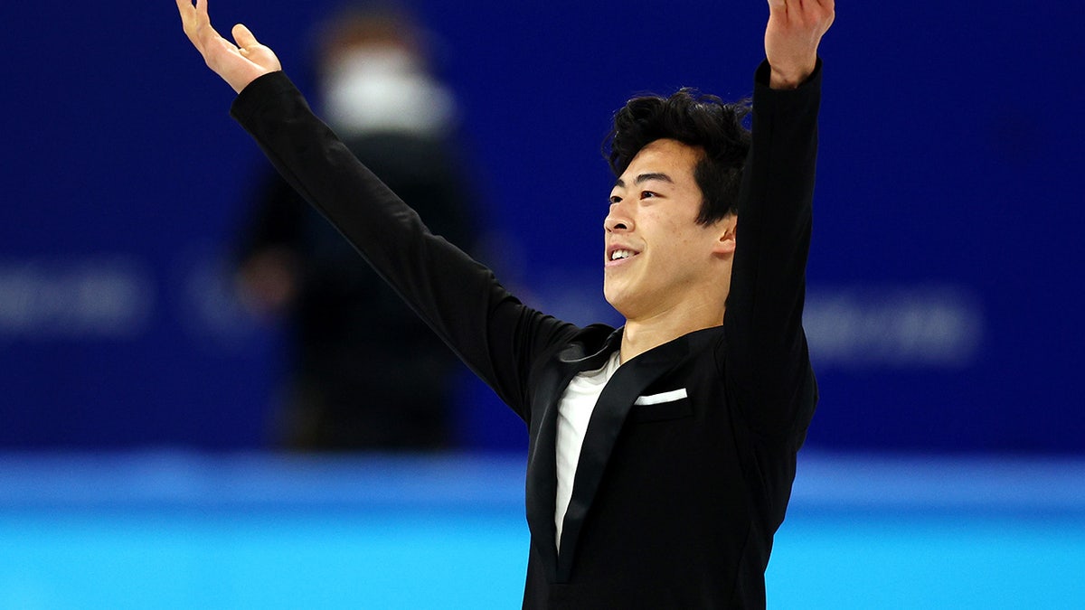 Nathan Chen of Team United States reacts in the Men's Single Skating Short Program Team Event during the Beijing 2022 Winter Olympic Games at Capital Indoor Stadium on February 04, 2022 in Beijing, China.