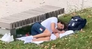 Olympic swimming gold medallist Thomas Ceccon sleeps in PARK after complaining about ‘subpar’ standards at the athletes village in Paris