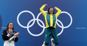 Paris Olympics: Jess Fox’s mum is caught on camera having an eye-catching accident as she rushes to celebrate with the Aussie golden girl