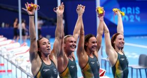 Paris Olympics: Queen Mary celebrates with swimming golden girls after they win another Aussie gold – and her special tie to Ariarne Titmus is revealed