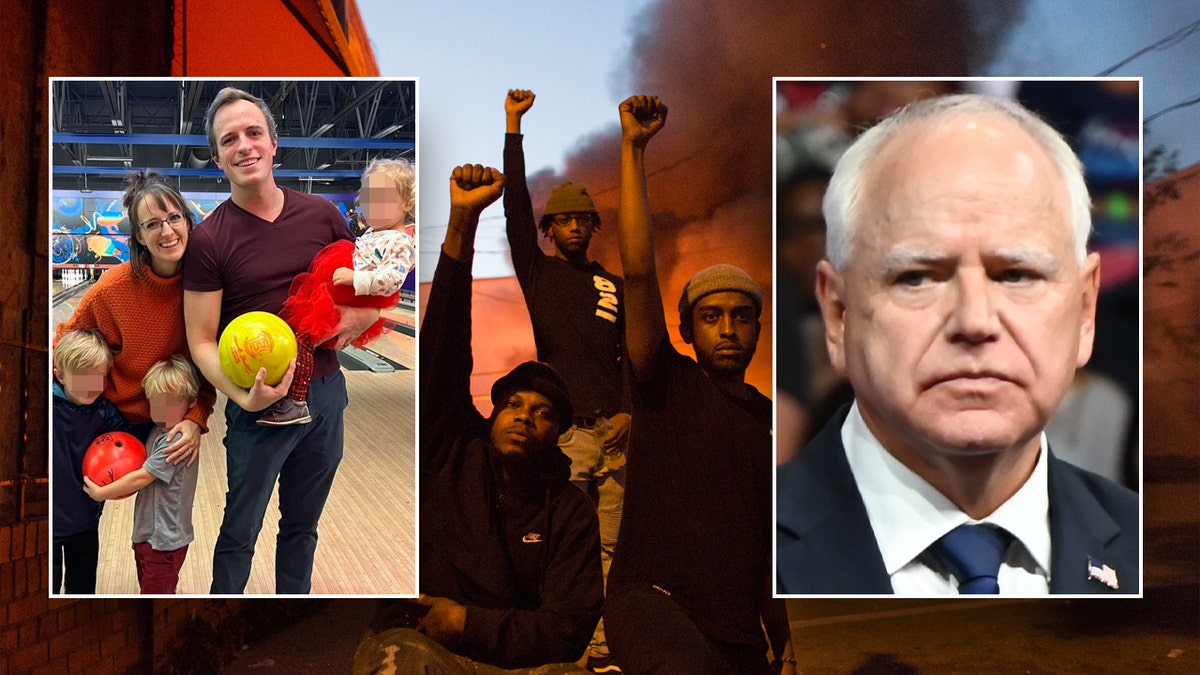 A photo collage featuring Max Rymer's family, scenes from the 2020 Minneapolis riots, and Gov. Tim Walz