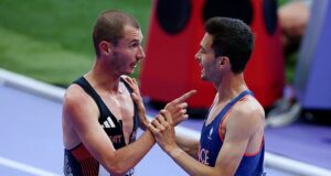 Watch the moment the furious son of a former England footballer angrily confronts his French rival after he sparked mass collision in Olympics men’s 5,000m