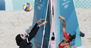 ‘You don’t tell me to wear a bikini’: Egypt’s Olympic volleyball duo compete fully clothed in Paris – and condemn hijab ban for French athletes
