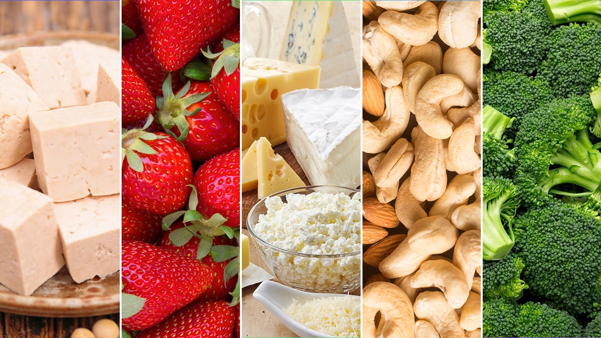 Split image showing nuts, tofu, strawberries, broccoli, and dairy products.