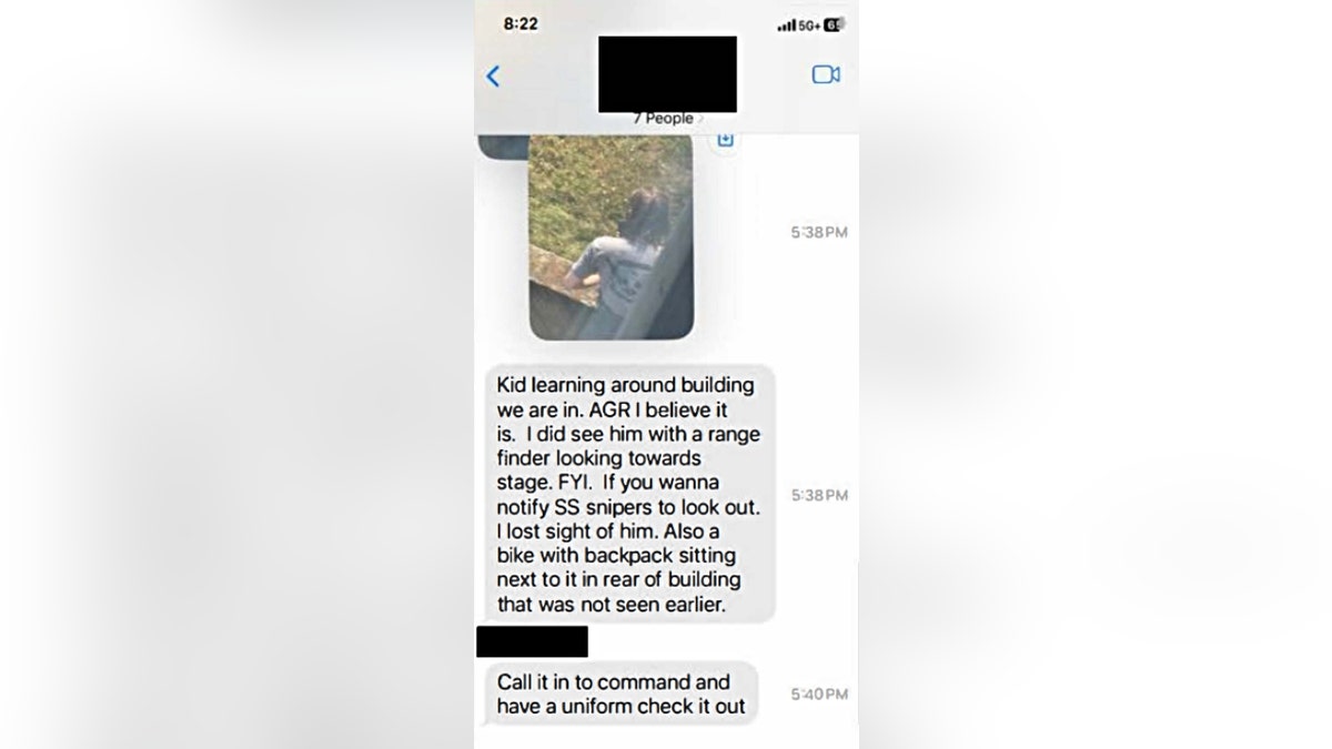 Text message from a counter sniper at the Trump rally showing a photo of Thomas Crooks before he attempted to assassinate Trump.